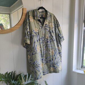 100% Silk Hawaiian Shirt, in Moss green, yellow & blue. Soft and Comfortable